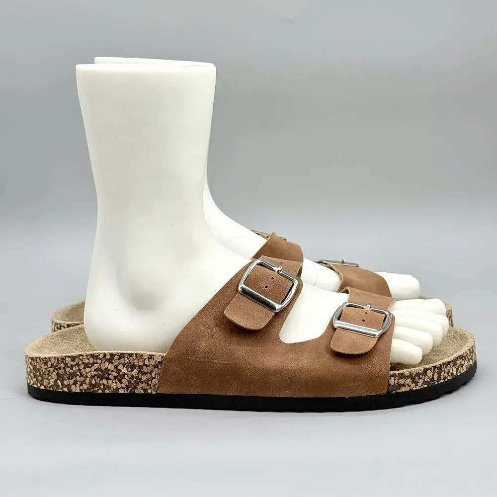Alpine Swiss Mens Brown Double Strap Cork Sandals Slides Size 10